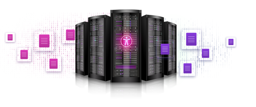 Server im Vordergrund mit Barrierefreiheitszeichen und Dokument-Symbolen im Hintergrund