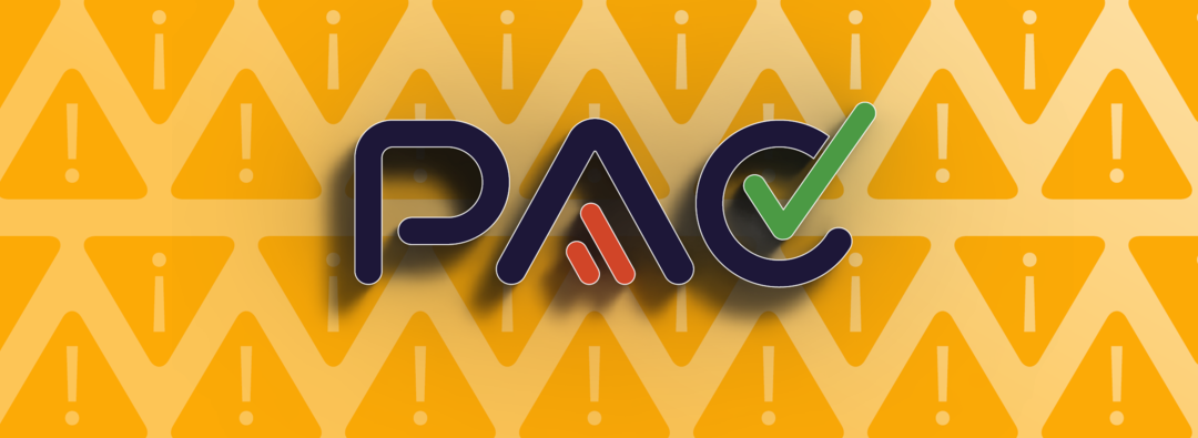 Logo: PAC vor orange-gelb-farbenem Hintergrund mit vielen Warnzeichen