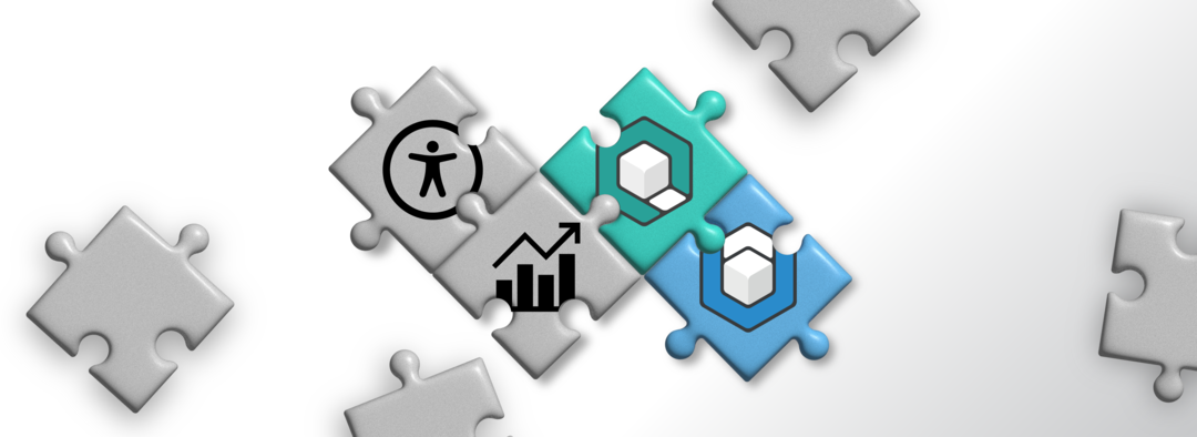 Puzzleteile, die teilweise ineinander gesteckt sind. Auf manchen sind Symbole abgedruckt: Digitale Barrierefreiheit, Graph, axesWord, axesPDF.