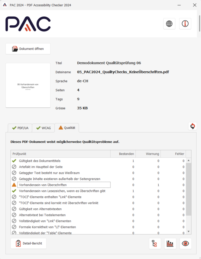 Screenshot: Benutzeroberfläche PAC 2024. Der Reiter der Quality Checks ist geöffnet, ein orangenes Dreieck wird bei dem Quality Check "Vorhandensein von Überschriften" angezeigt.