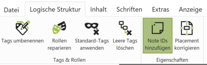 Ausschnitt von axesPDF: Der Reiter "Logische Strukturen" ist geöffnet. "Note IDs hinzufügen" ist grün hinterlegt.