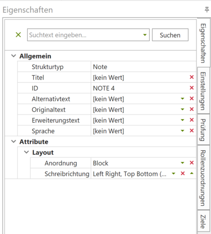 Ausschnitt von axesPDF: Das Fenster "Eigenschaften" ist geöffnet.