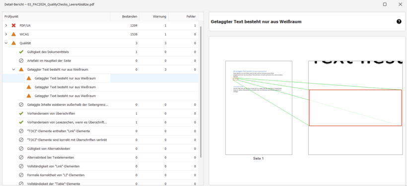 Screenshot des Detailberichts: Im Dokument ist ein Tabulator eingefügt. Danach kommt kein Text. Deshalb wird eine Fehlermeldung für diesen Weißraum ausgesprochen