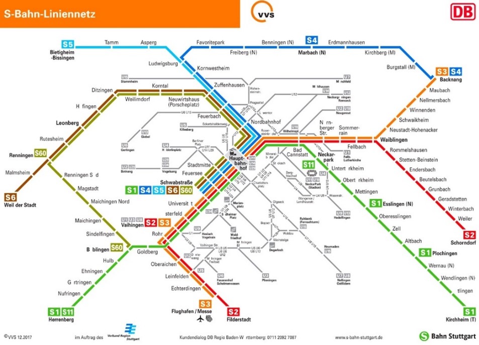 S-Bahn Liniennetz. Es sind die Streckenverläufe der S1 bis S6 eingezeichnet in unterschiedlichen Farben. In grau sind die U-Bahn-Strecken eingezeichnet..