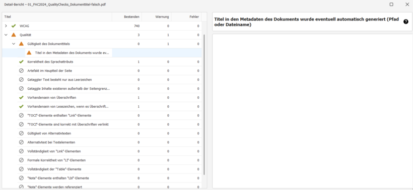 Die Warnung des Quality Checks "Gültigkeit des Dokumenttitels" ist ausgeklappt. "Titel in den Metadaten des DOkuments wurde eventuell automatisch generiert (Pfad oder Dateiname)