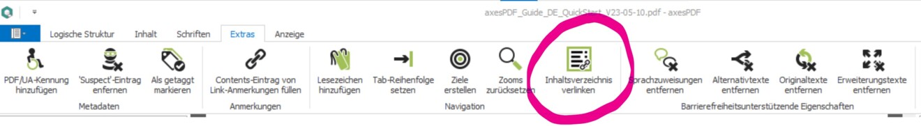 Screenshot axesPDF: Der Reiter "Extras" ist angewählt. "Inhaltsverzeichnis verlinken" ist pink eingekreist.