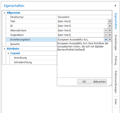 Screenshot aus axesPDF. Eigenschaften: Allgemein: Erweiterungstext (European Accessibility Act: Eine Richtlinie der Europäischen Union, die sich mit digitaler Barrierefreiheit befasst.  