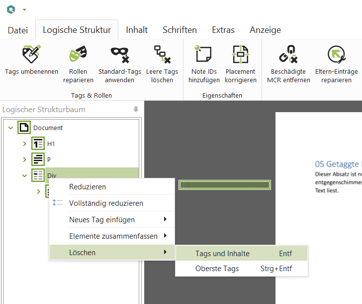 Screenshot: axesPDF, Fokus: Löschen der Tags und Inhalte im Strukturbaum