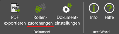 Neben den anderen Optionen, ist Rollenzuordnung als zweite Auswahl markiert. Daneben stehen die Optionen PDF exportieren und Dokumenteinstellungen.