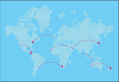 Auf einer Weltkarte sind fünf verschiedene Routen gekennzeichnet. Diese führen von der amerikanischen Westküste nach Mittelamerika, von Lateinamerika nach Südafrika, von Westafrika über den Nahen Osten nach Japan, von Indien über Australien nach Neuseeland sowie von Großbritannien an die Ostküste der USA.