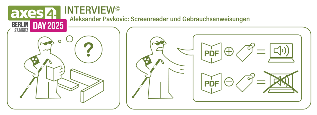 Illustration einer Gebrauchsanweisung, die eine blinde Person beim Zusammenbauen zeigt. Nur ein PDF mit Tags kann von der blinden Person barrierefrei ausgegeben werden. Text: Interview mit Aleksander Pavkovic: Screenreader und Gebrauchsanweisungen. Logo: axes4 Day