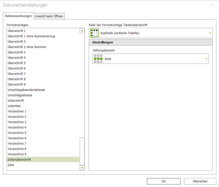 Screenshot: Zuordnung der Kopfzelle als Zeilenüberschrift in den Dokumenteinstellungen, mit dem Geltungsbereich Zeile.