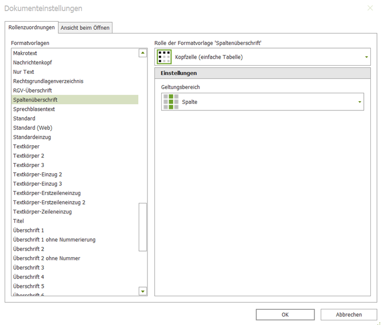 Screenshot: Zuordnung der Kopfzelle in den Dokumenteinstellungen unter Spaltenüberschrift mit dem Geltungsbereich Spalte.