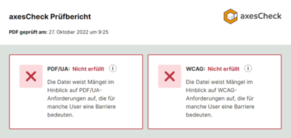 Screenshot. axesCheck Prüfbericht. PDF/UA: nicht erfüllt. WCAG: nicht erfüllt.