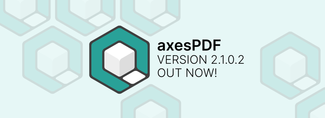 Logo von axesPDF, das im Hintergrund mehrfach dargestellt ist. Text: axesPDF Version 2.1.0.2 out now