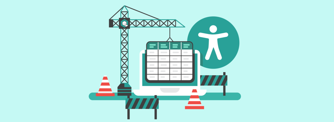 Illustration: Baustellen-Situation. Kran, der eine Tabelle trägt. Dahinter ist ein Logo "digitale Barrierefreiheit"