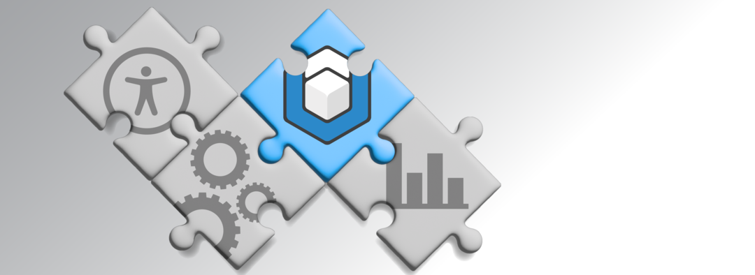 Vier Puzzle-Teile, die ineinander stecken. 3 Puzzleteile sind grau und haben jeweils ein Symbol: Das Barrierefreiheitssymbol, Zahnräder, ein Diagramm. Ein Puzzleteil ist blau mit dem axesWord-Logo.