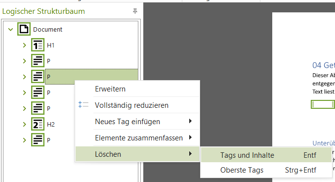 Screenshot: axesPDF, Fokus: Auswählen der Tags im Strukturbaum